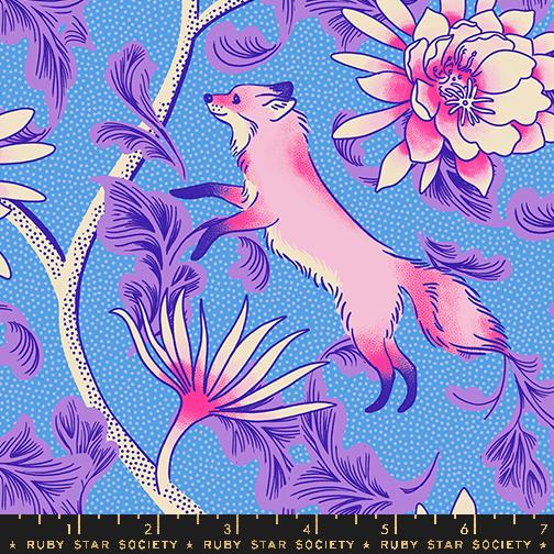 a pink fox in mid-leap, surrounded by a vibrant floral pattern in shades of blue and purple.