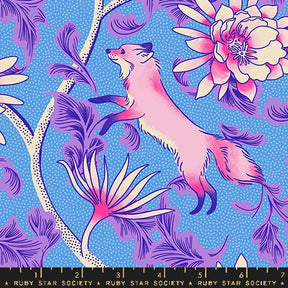 a pink fox in mid-leap, surrounded by a vibrant floral pattern in shades of blue and purple.