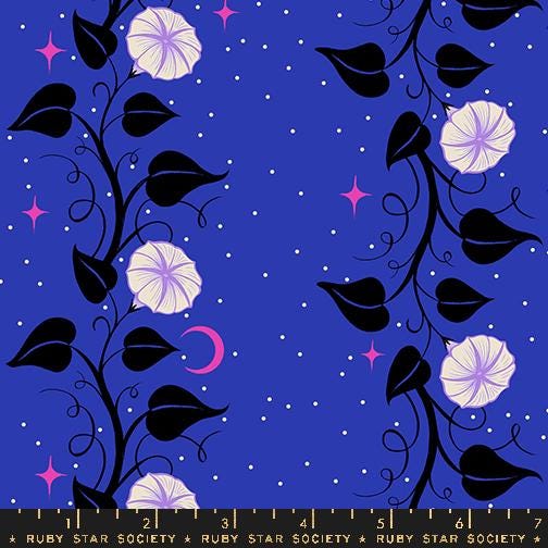 The image is a vibrant and whimsical pattern featuring a night sky with stars, a crescent moon, and various flowers and leaves in shades of purple and white. The pattern is composed of multiple panels, each with its own unique design and color scheme, creating a visually striking and cohesive composition.