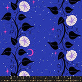 The image is a vibrant and whimsical pattern featuring a night sky with stars, a crescent moon, and various flowers and leaves in shades of purple and white. The pattern is composed of multiple panels, each with its own unique design and color scheme, creating a visually striking and cohesive composition.