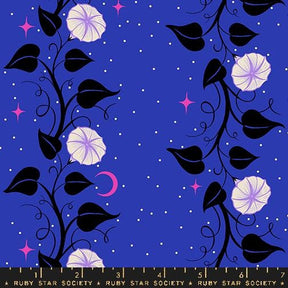 The image is a vibrant and whimsical pattern featuring a night sky with stars, a crescent moon, and various flowers and leaves in shades of purple and white. The pattern is composed of multiple panels, each with its own unique design and color scheme, creating a visually striking and cohesive composition.