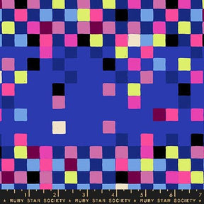 The image is a vibrant and colorful collage composed of various squares in different shades of blue, pink, yellow, and black. The squares are arranged in a grid-like pattern, creating a visually striking and dynamic composition.