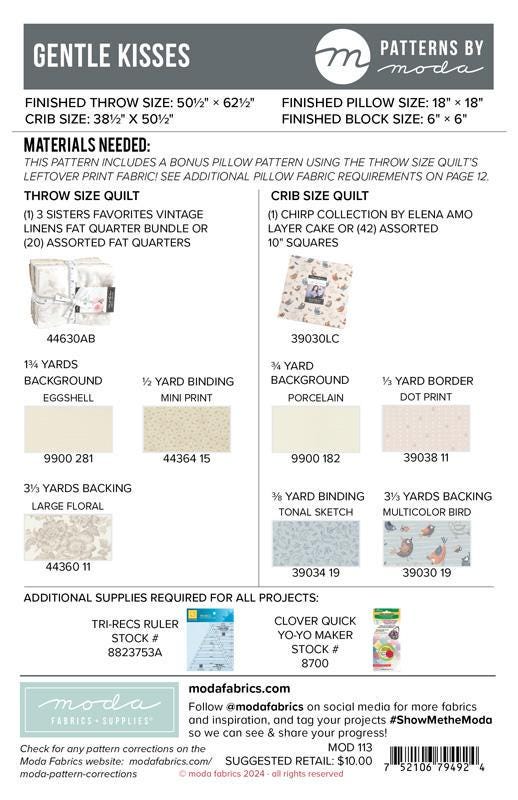 Gentle Kisses Quilt pattern MOD113 Patterns by Moda