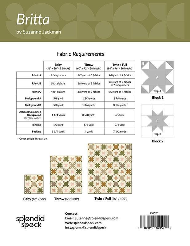 Britta Quilt Paper Pattern SS525 by Suzanne Jackman for Splendid Speck 3 sizes Baby, Throw and Twin