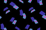 a repeating pattern of playing cards in shades of blue and pink against a black background.