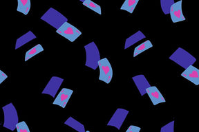 a repeating pattern of playing cards in shades of blue and pink against a black background.