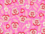 a repeating pattern of pink and white flowers with leaves against a pink background.