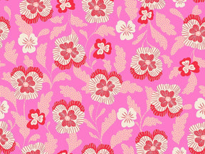 a repeating pattern of pink and white flowers with leaves against a pink background.