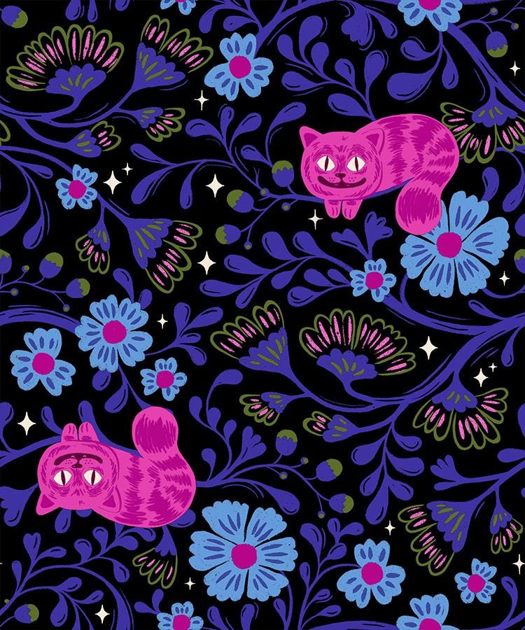 The image is a vibrant and whimsical pattern featuring two pink cats, flowers, and leaves in shades of blue, purple, and green against a dark background.