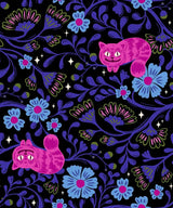 The image is a vibrant and whimsical pattern featuring two pink cats, flowers, and leaves in shades of blue, purple, and green against a dark background.