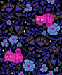 The image is a vibrant and whimsical pattern featuring two pink cats, flowers, and leaves in shades of blue, purple, and green against a dark background.