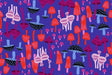 a vibrant and whimsical pattern of mushrooms in various colors and shapes, including red, blue, and black, against a deep purple background.