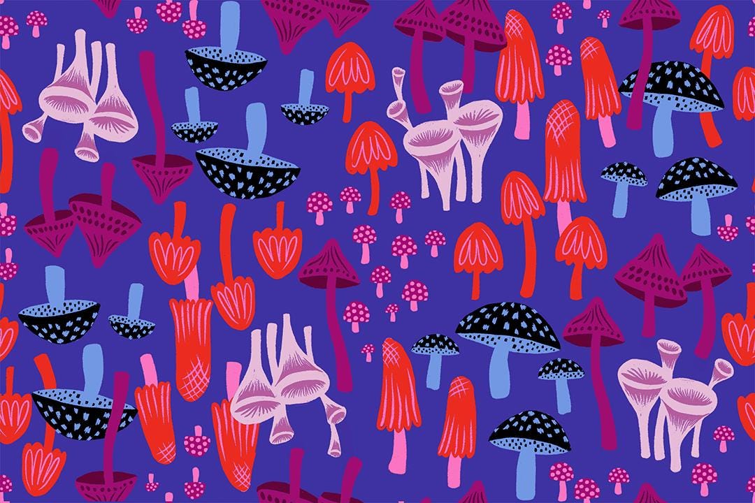 a vibrant and whimsical pattern of mushrooms in various colors and shapes, including red, blue, and black, against a deep purple background.