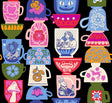 The image is a collage of various colorful and whimsical tea cups and mugs, each with unique designs and patterns.