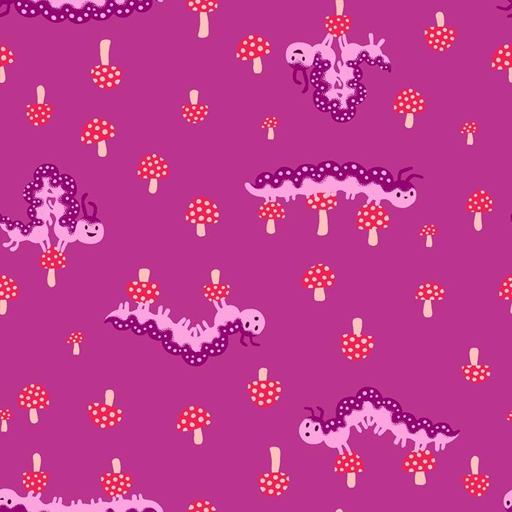 a repeating pattern of cartoon caterpillars and mushrooms on a pink background.
