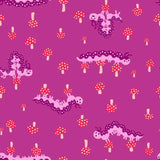a repeating pattern of cartoon caterpillars and mushrooms on a pink background.