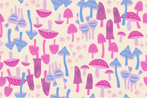 a repeating pattern of various colorful mushrooms in shades of pink, blue, and purple.