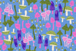 The image is a vibrant and whimsical pattern featuring a variety of colorful mushrooms and other organic shapes against a blue background.