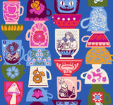 The image is a vibrant collection of various colorful and whimsical mugs and teacups, each with unique designs and patterns.
