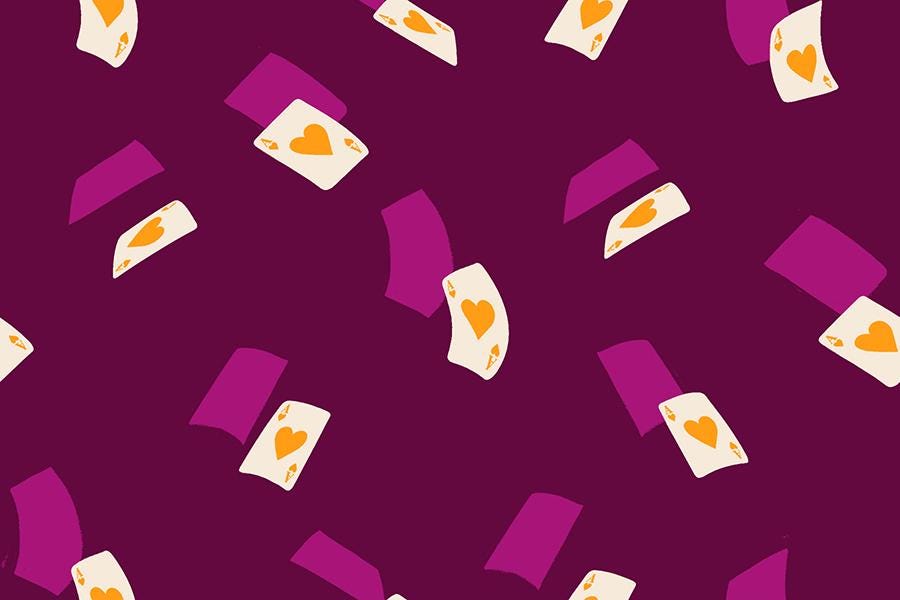 a repeating pattern of playing cards, specifically aces, against a dark purple background.