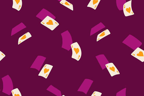 a repeating pattern of playing cards, specifically aces, against a dark purple background.