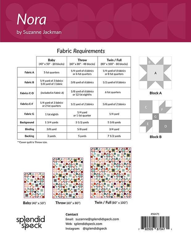 Nora Quilt Paper Pattern SS471 by Suzanne Jackman for Splendid Speck 3 sizes Baby, Throw and Twin