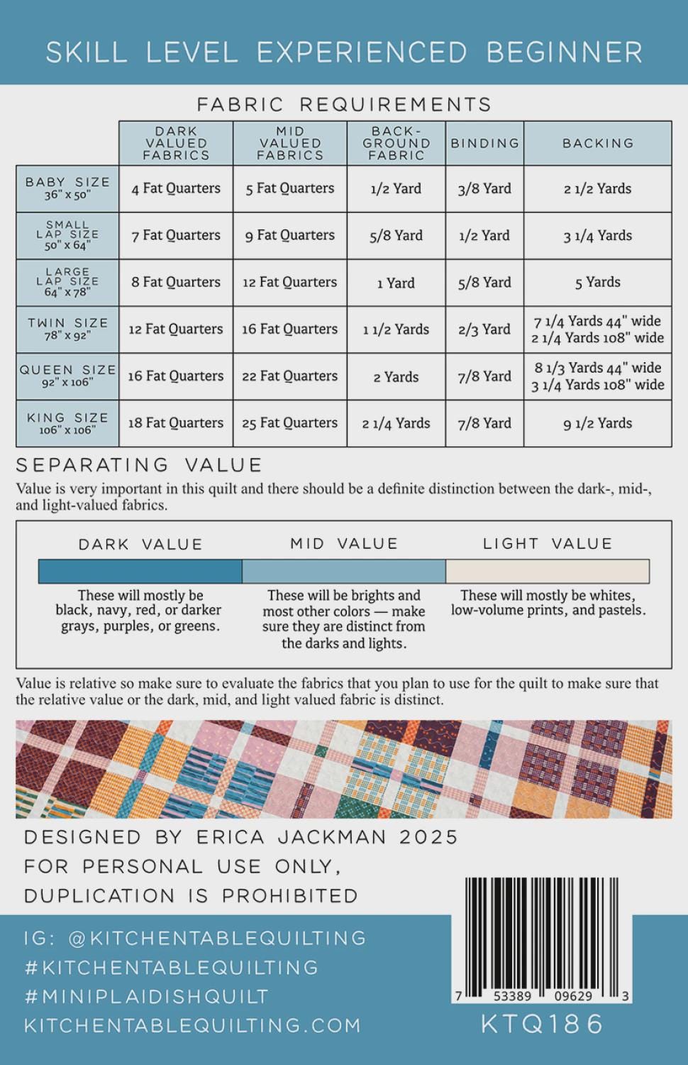 Mini Plaid-ish Quilt Pattern KTQ186 by Kitchen Table Quilting (baby, lap, twin, queen and king sizes)