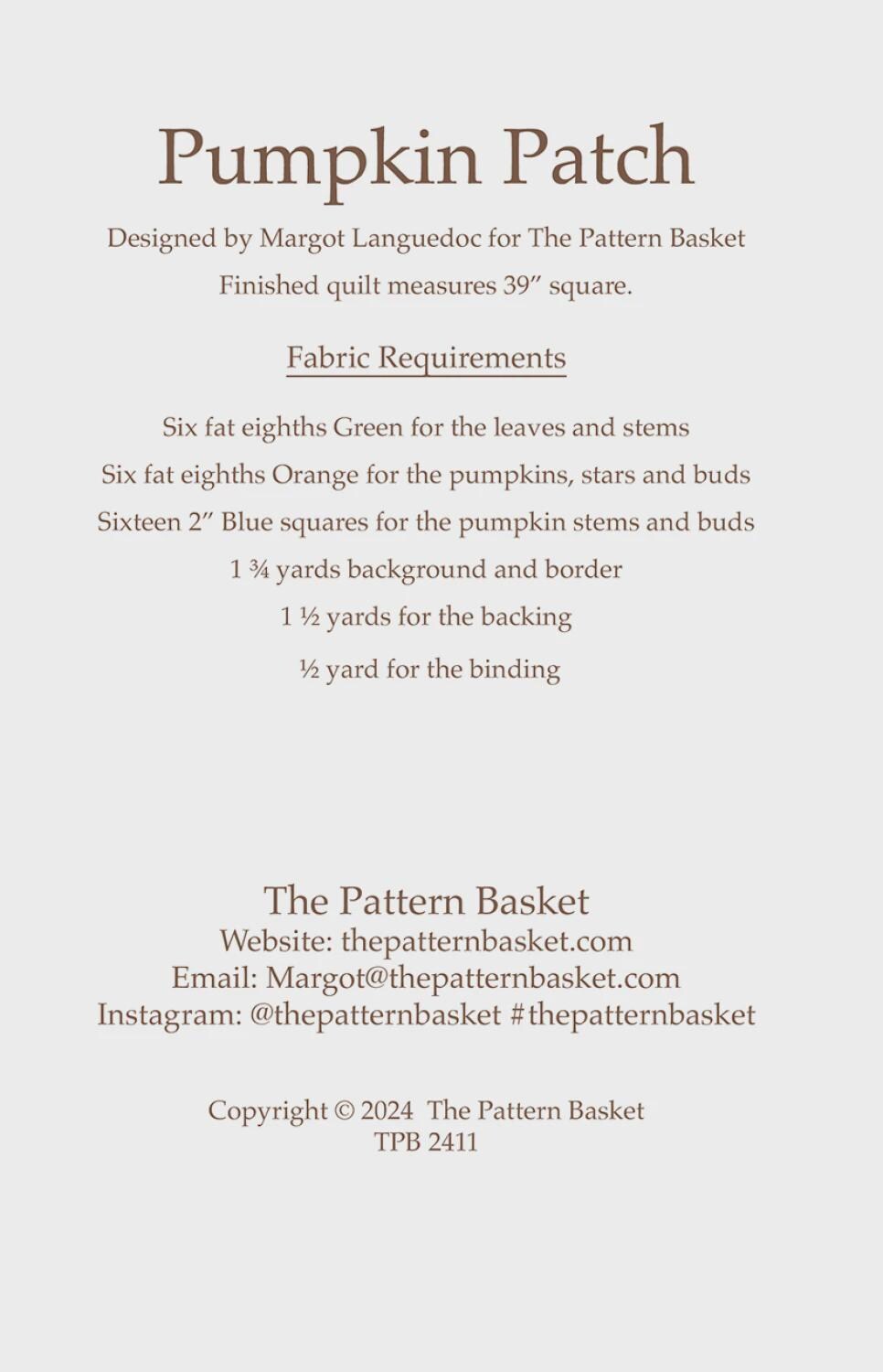 Pumpkin Patch by The Pattern Basket, Margot Designs TPB2411 Paper Pattern ONLY
