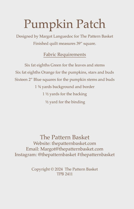 Pumpkin Patch by The Pattern Basket, Margot Designs TPB2411 Paper Pattern ONLY