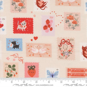 a collection of various postage stamps and illustrations, including a cat, strawberries, flowers, and other decorative elements. The stamps and illustrations are arranged in a grid-like pattern, creating a visually appealing and colorful display.