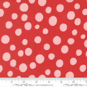 a close-up view of a red fabric with white polka dots. The fabric appears to be a part of a larger textile or garment, as indicated by the ruler for scale.
