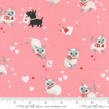 a pink background with white cats and a black dog, along with red hearts scattered throughout.