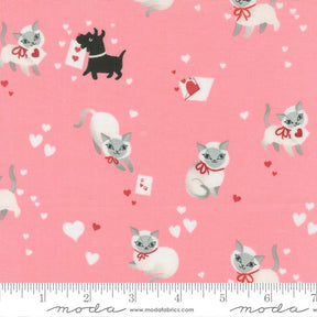 a pink background with white cats and a black dog, along with red hearts scattered throughout.