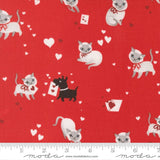 a red background with white cats and a black dog, along with hearts and a scale ruler.