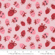 a repeating pattern of pink and red cartoon-style strawberries with faces and bows on a light pink background.