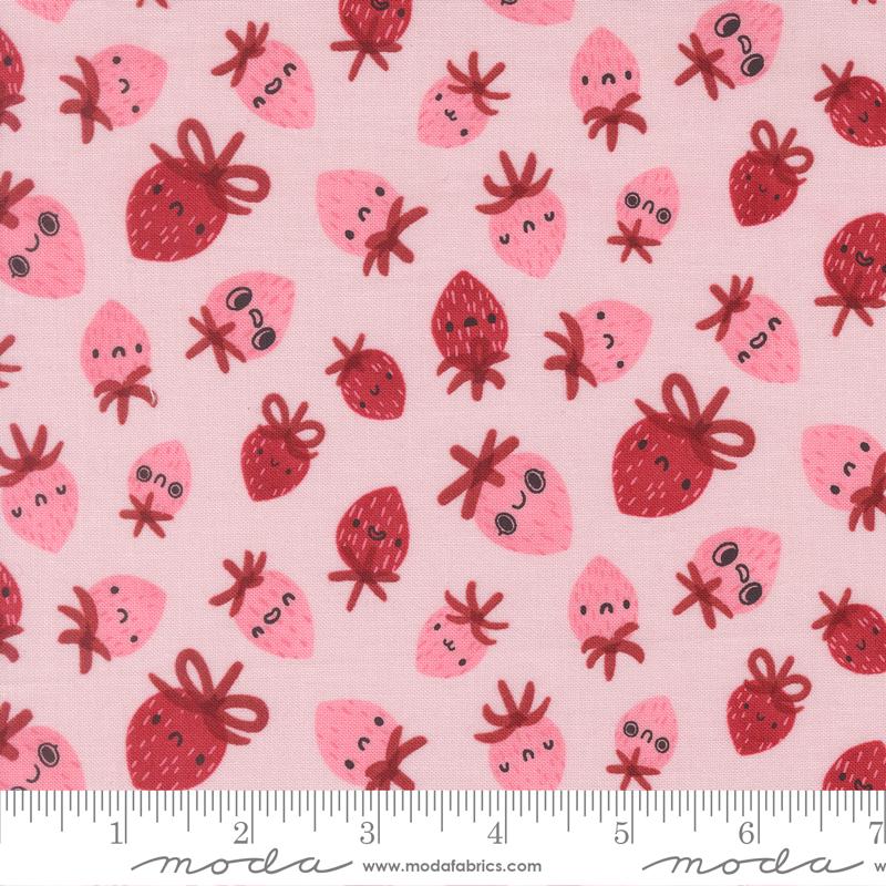 a repeating pattern of pink and red cartoon-style strawberries with faces and bows on a light pink background.