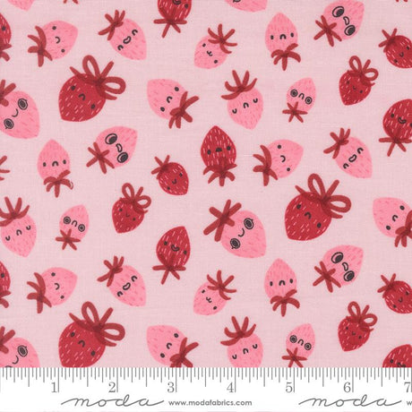 a repeating pattern of pink and red cartoon-style strawberries with faces and bows on a light pink background.