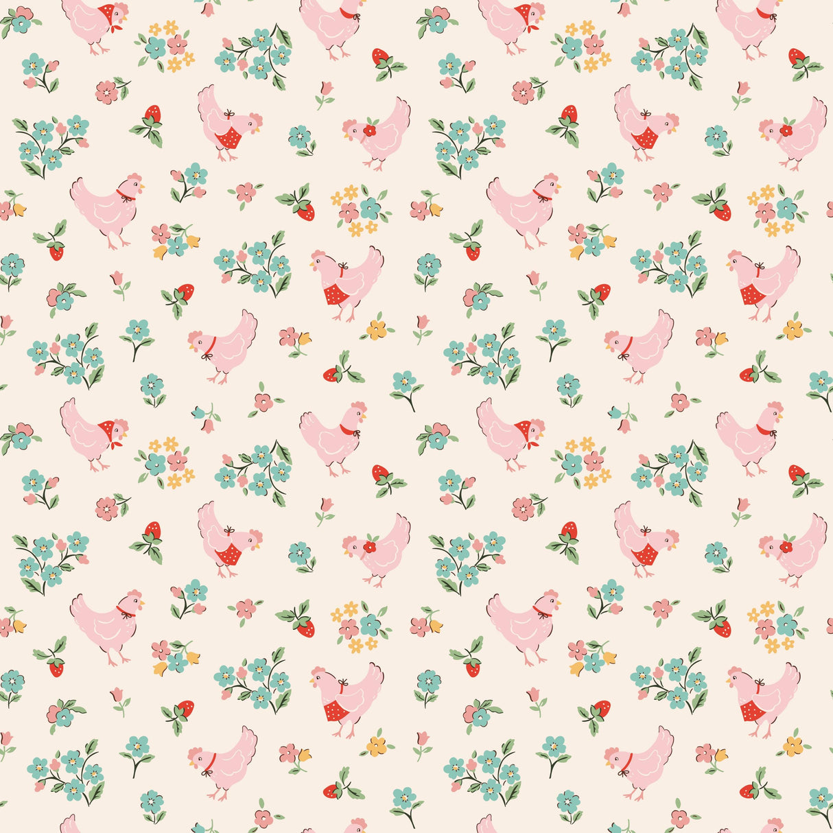 The image is a repeating pattern of pink chickens and flowers on a light background.