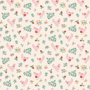 The image is a repeating pattern of pink chickens and flowers on a light background.