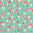 The image is a repeating pattern of white chickens with red flowers on their backs, set against a light blue background.