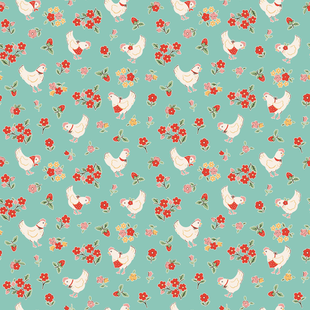 The image is a repeating pattern of white chickens with red flowers on their backs, set against a light blue background.