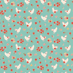 The image is a repeating pattern of white chickens with red flowers on their backs, set against a light blue background.