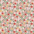 The image is a seamless pattern featuring a variety of colorful flowers and leaves in shades of pink, red, yellow, and green. The pattern is composed of small, repeating floral and leaf designs that create a vibrant and visually appealing design.