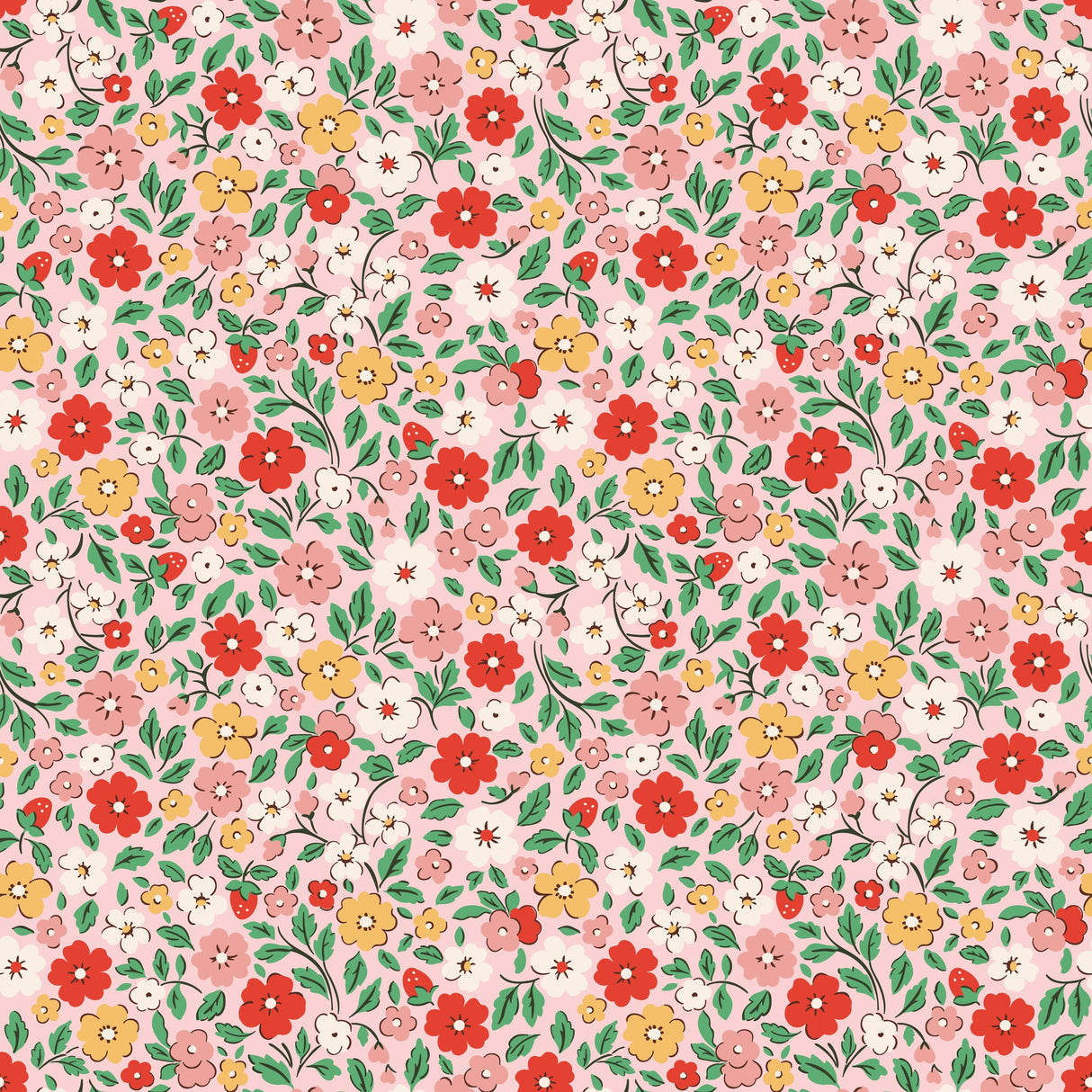 The image is a seamless pattern featuring a variety of colorful flowers and leaves in shades of pink, red, yellow, and green. The pattern is composed of small, repeating floral and leaf designs that create a vibrant and visually appealing design.