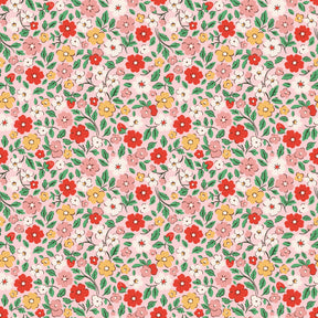 The image is a seamless pattern featuring a variety of colorful flowers and leaves in shades of pink, red, yellow, and green. The pattern is composed of small, repeating floral and leaf designs that create a vibrant and visually appealing design.