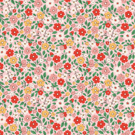 The image is a seamless pattern featuring a variety of colorful flowers and leaves in shades of pink, red, yellow, and green. The pattern is composed of small, repeating floral and leaf designs that create a vibrant and visually appealing design.