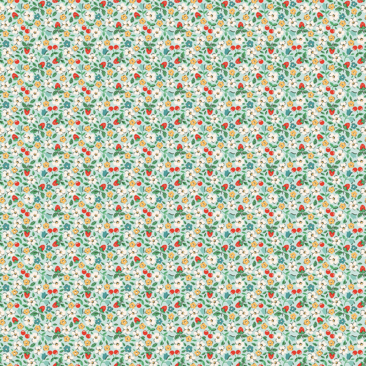 The image is a repeating pattern of various colorful flowers and leaves, creating a vibrant and lively visual effect.