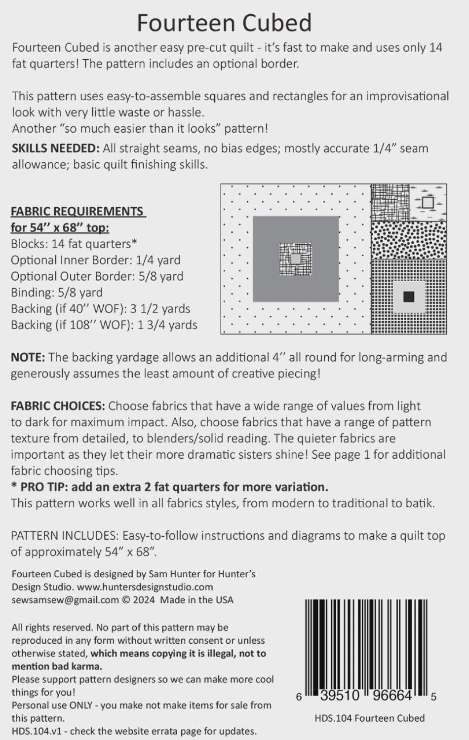Fourteen Cubed Quilt Pattern Printed Paper only # HDS-104 from Hunter's Design Studio By, Sam Hunter