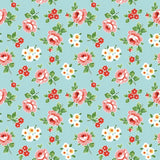 a repeating pattern of pink and white flowers against a light blue background with white polka dots.