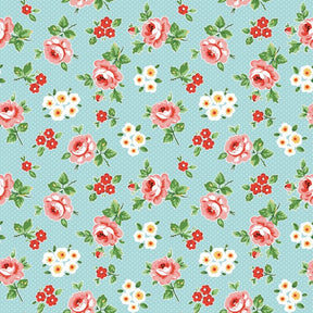 a repeating pattern of pink and white flowers against a light blue background with white polka dots.
